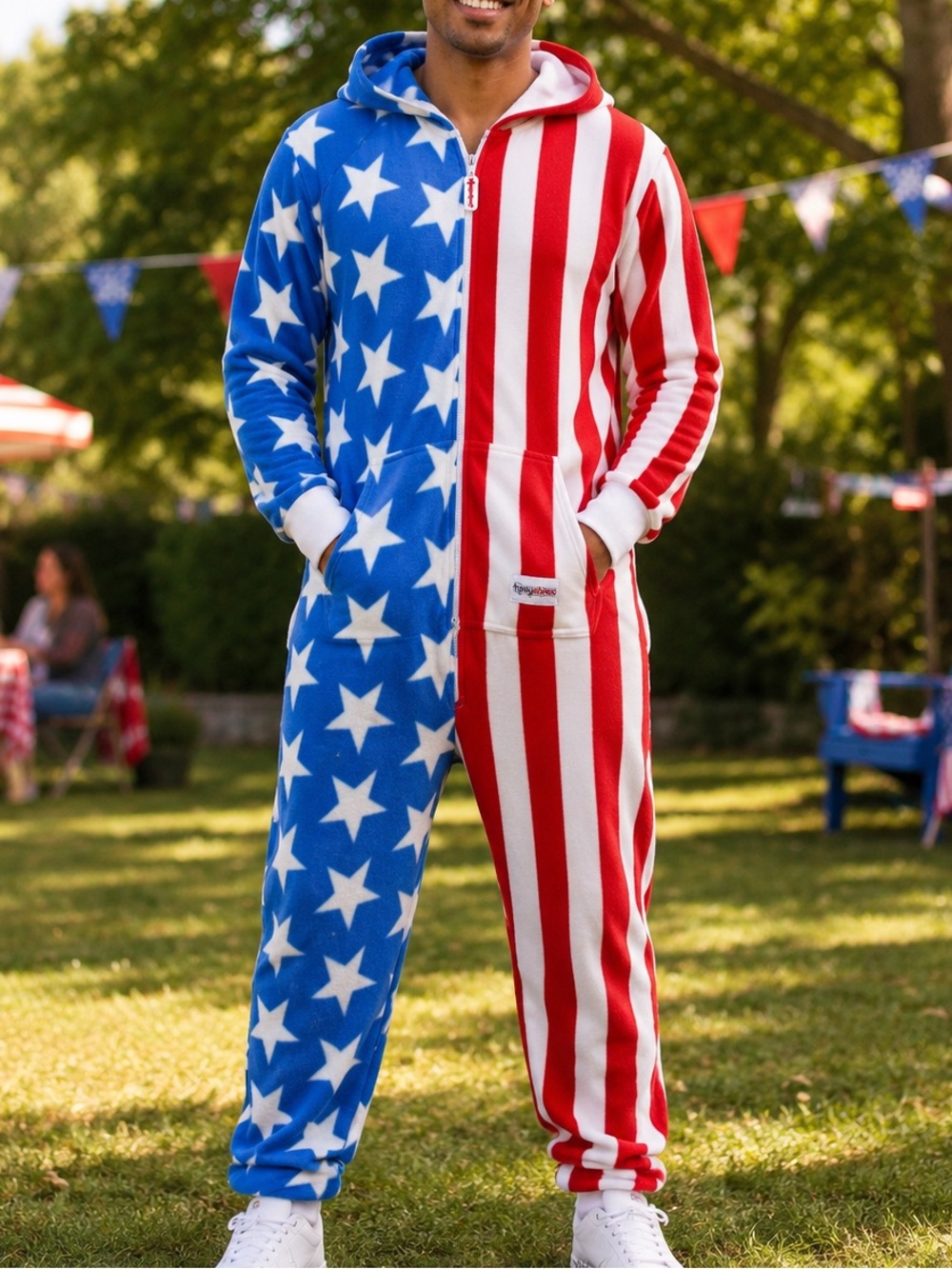 Tipsy Elves NWT American Flag Fleece Hooded Jumpsuit Onesie Unisex Medium